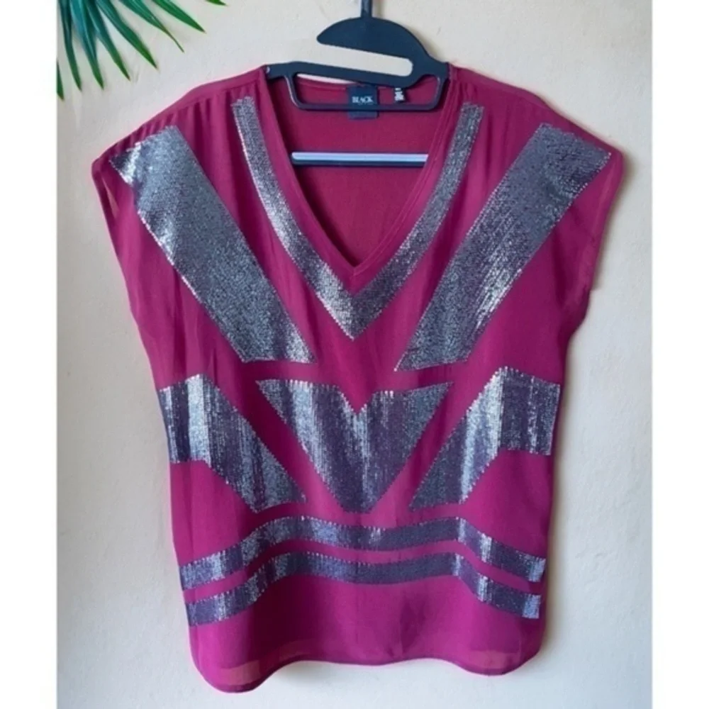 BLACK by Saks Fifth Avenue Burgundy Sequin Chevron Top Size M Y2K Glam - Picture 5 of 9